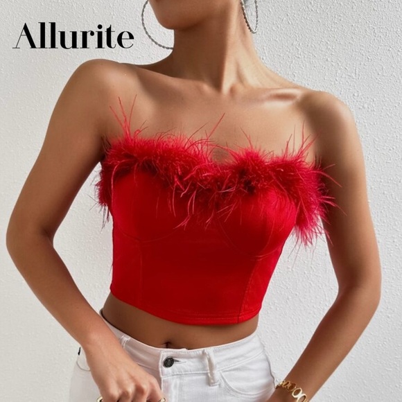 SHEIN Tops - Red Feather Trim Corset Crop Top